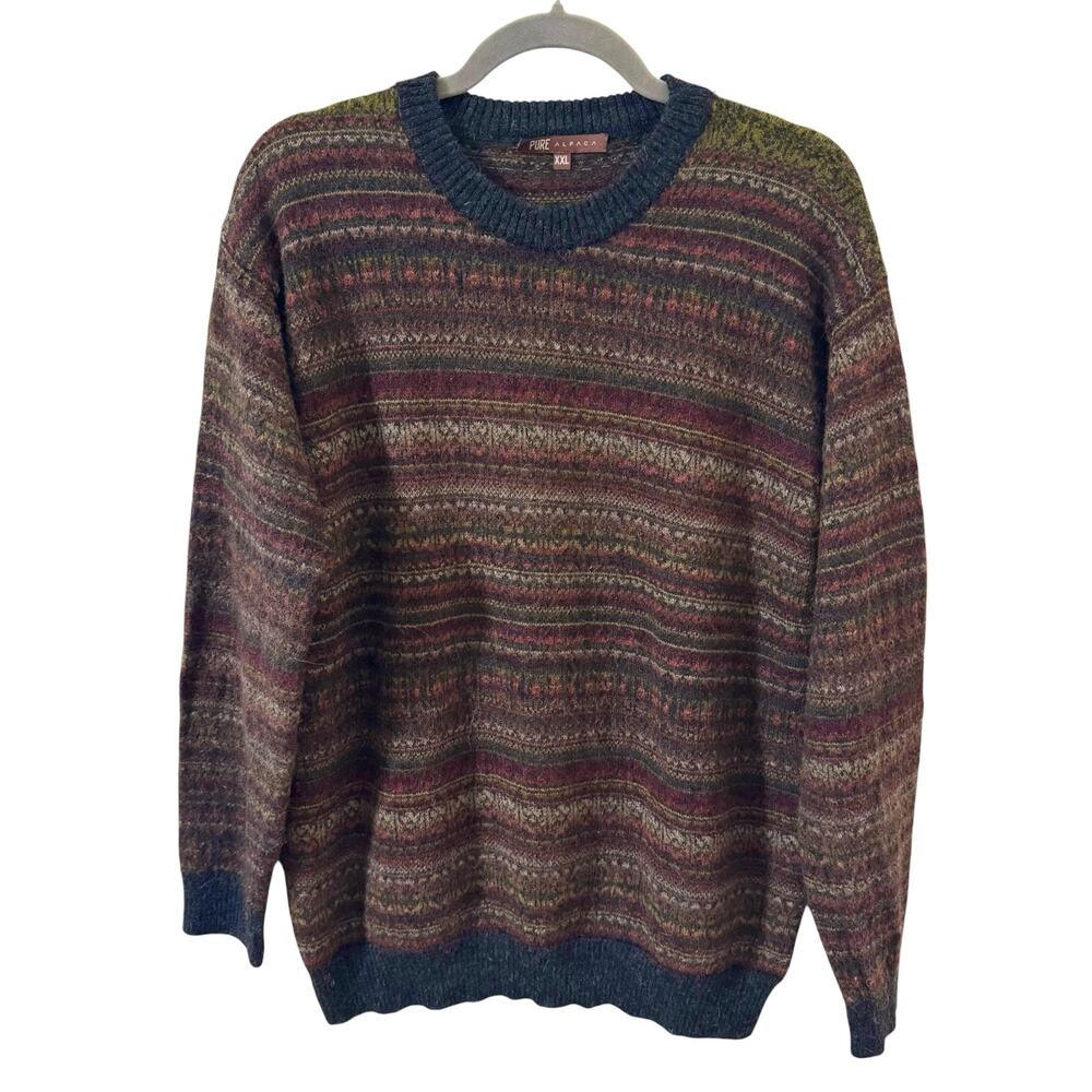 Pure Alpaca Men's 100% Baby Alpaca Fair Isle Patterned Crewneck Sweater XXL